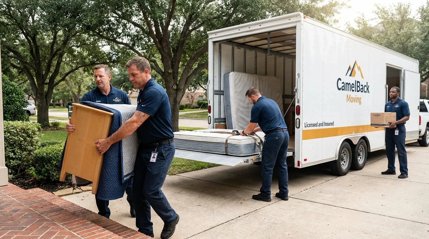 Crew loading residential truck for cross-state move from Caledonia, MN