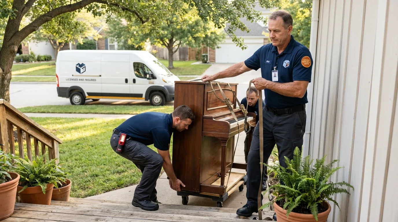 Licensed piano movers securing grand piano in Caledonia, MN