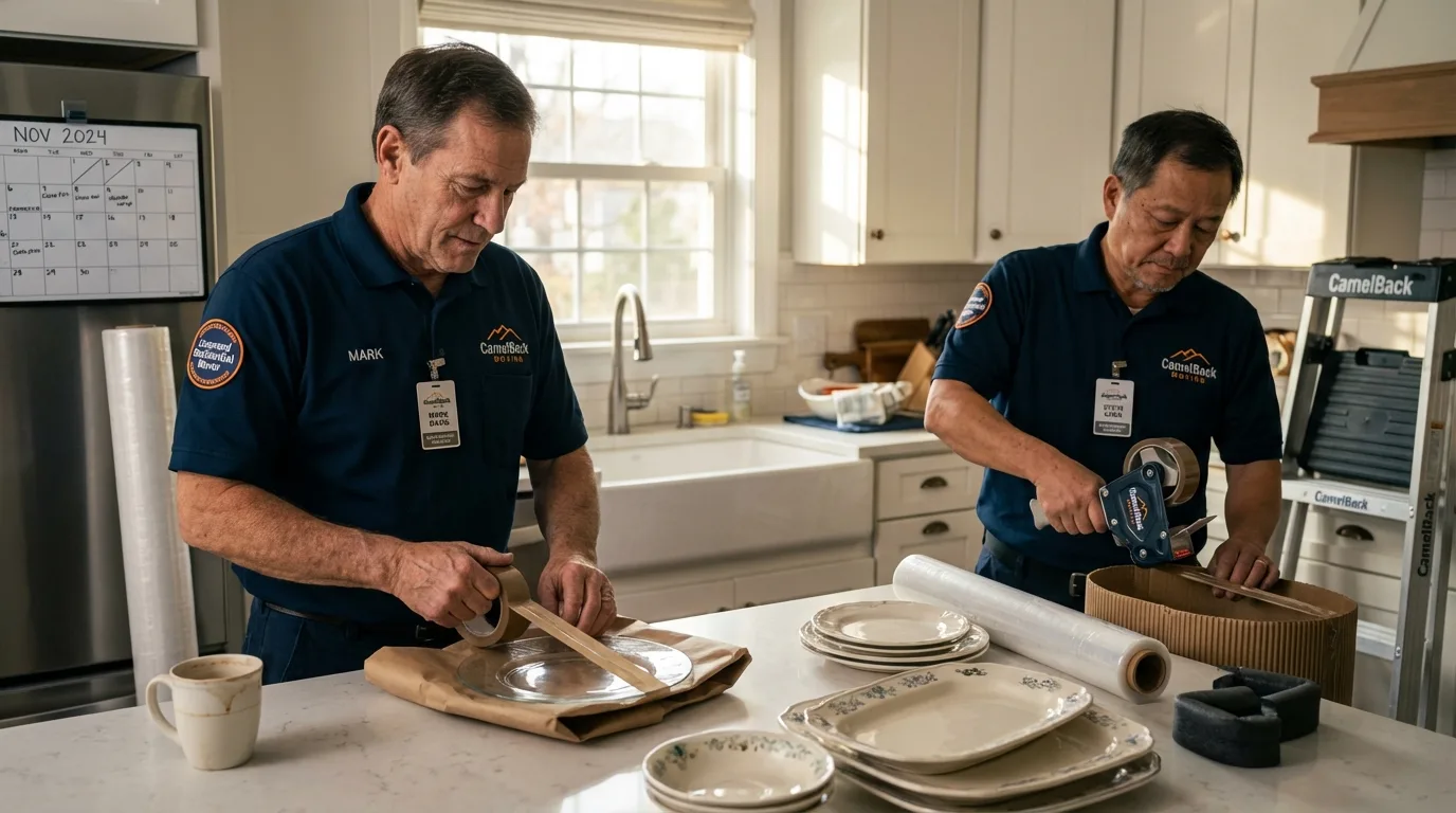 Professional crew packing kitchen dishware in Caledonia, MN